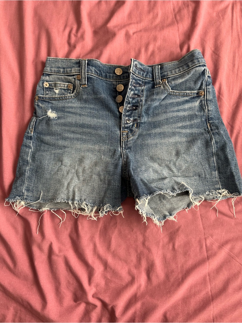 GAP Distressed High-Rise Cropped Denim Shorts in Blue